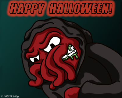 creepy looking red wings squid in a death like robe with Happy Halloween written overhead